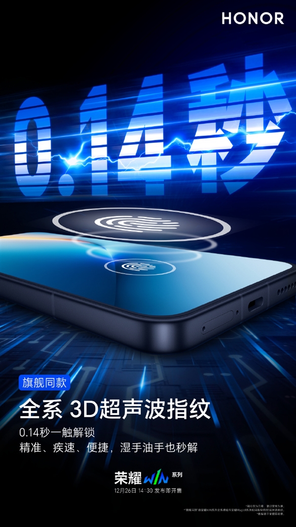 0.14秒解锁！荣耀WIN系列全系标配3D超声波指纹 湿手也能开