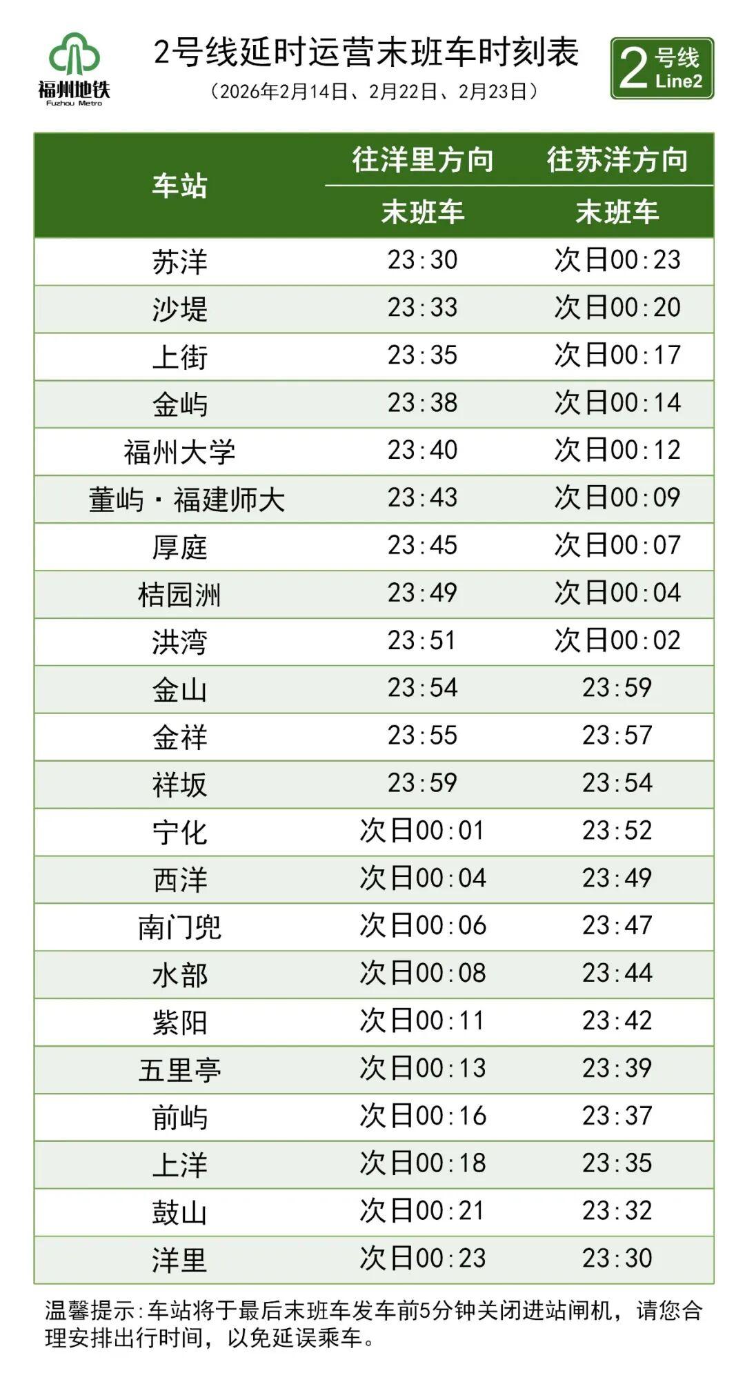 福州地铁春节假期延长运营时间